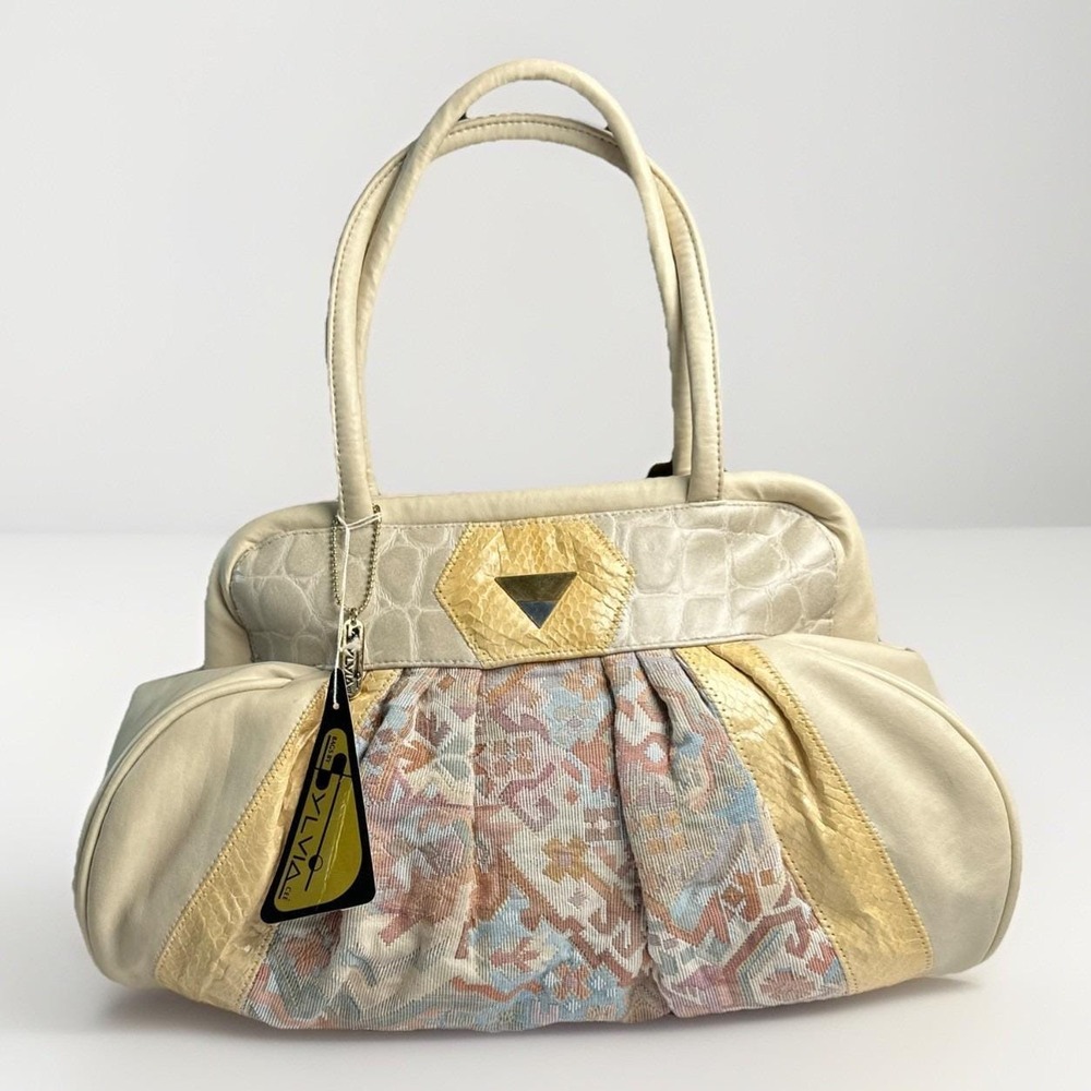 Vintage Sylvia Cee Satchel - Cream Snakeskin, Leather, And SW Fabric - NOS